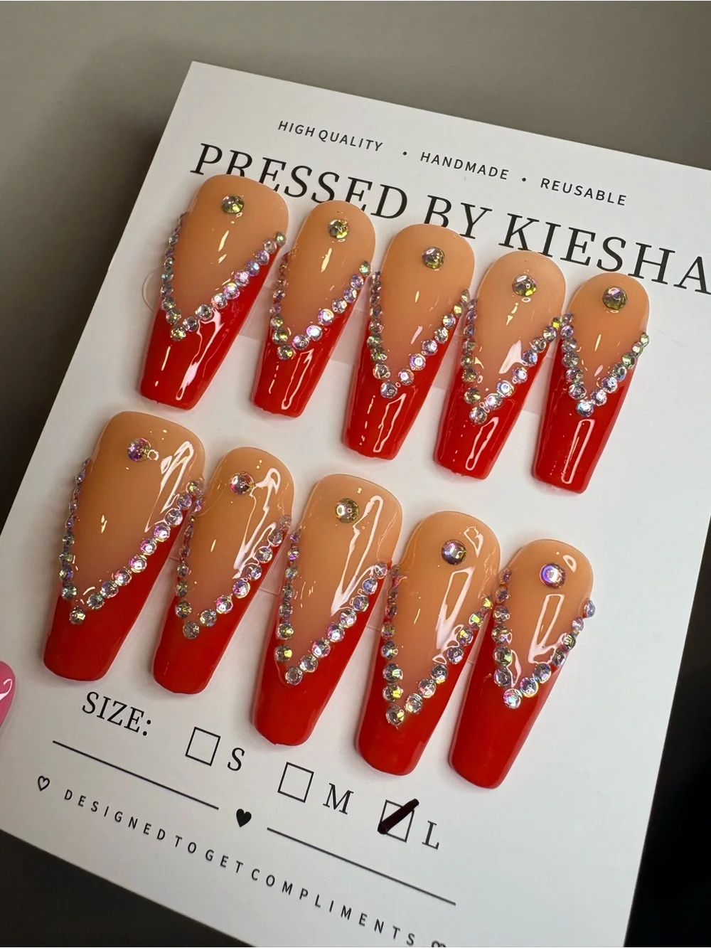 Red and Nude V-Cut Pressed Nails with Rhinestones